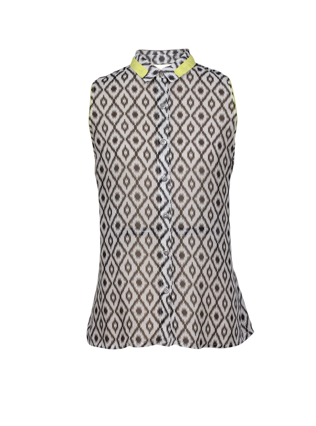 Blusa sin mangas estampado geométrico cuello camisero | Talla 46