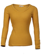 Polera waffle elasticada manga larga cuello V | Talla M