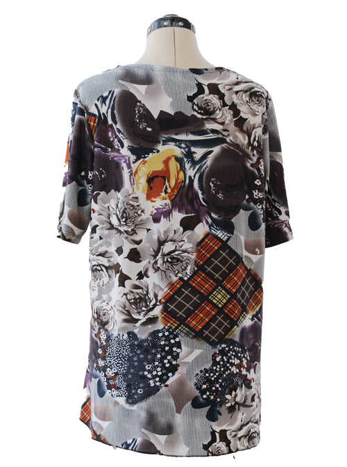Blusa estampada multicolor cuello amplio manga corta | Talla L