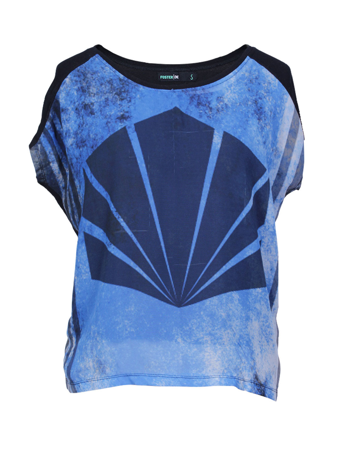 Polera azul intervenida con estampado geométrico | Talla S
