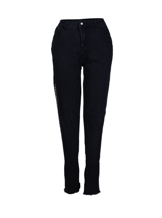 Jeans negro recto tiro alto con franja animal print | Talla 42
