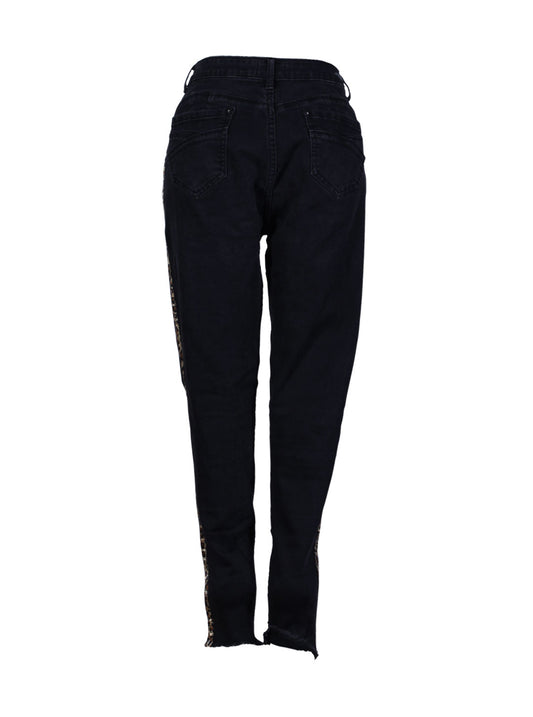 Jeans negro recto tiro alto con franja animal print | Talla 42