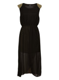 Vestido largo traslúcida con brillo y hombreras doradas | Talla L