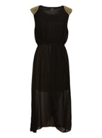 Vestido largo traslúcida con brillo y hombreras doradas | Talla L