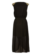 Vestido largo traslúcida con brillo y hombreras doradas | Talla L