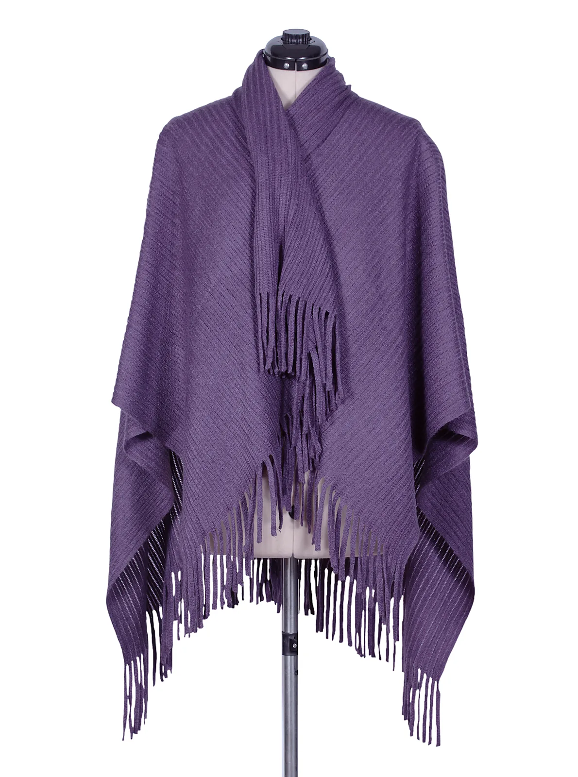 Poncho tejido púrpura con flecos y bufanda