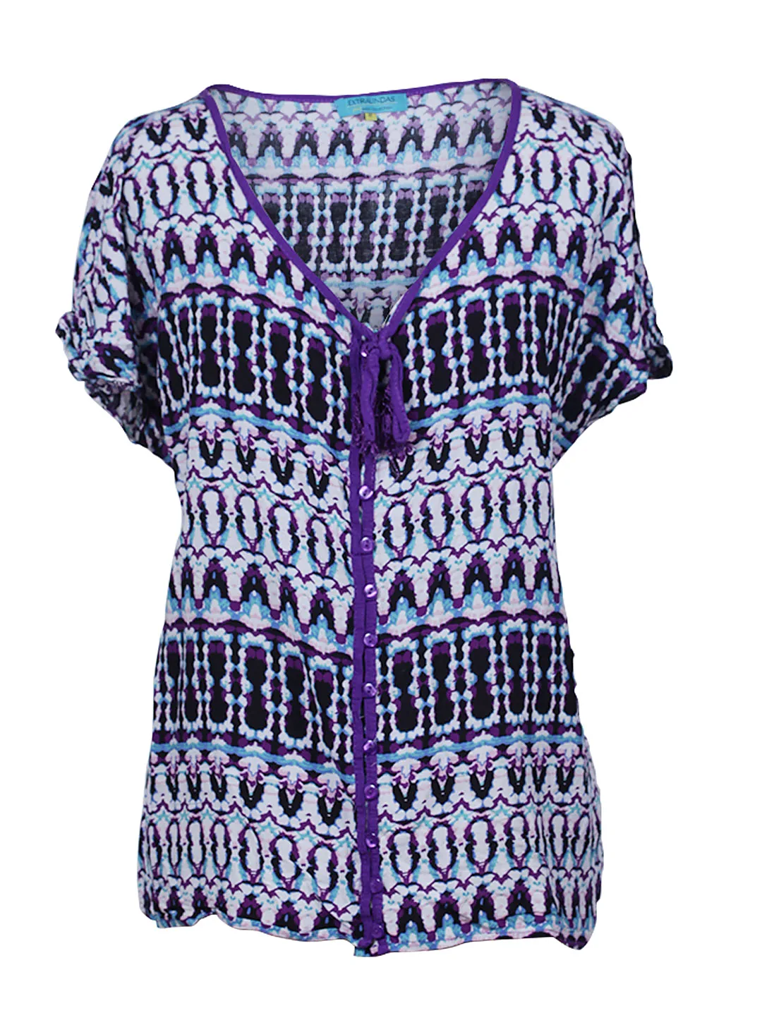 Polera morada y blanca con nudo