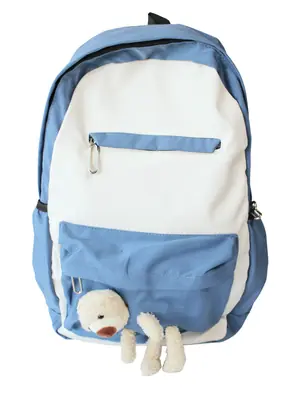 Mochila bicolor con bolsillo frontal y detalle decorativo